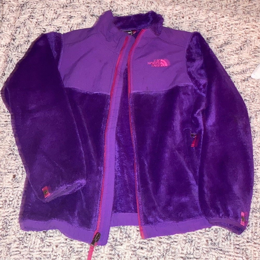 Kids purple large fuzzy North Face zip up 14/16 girls